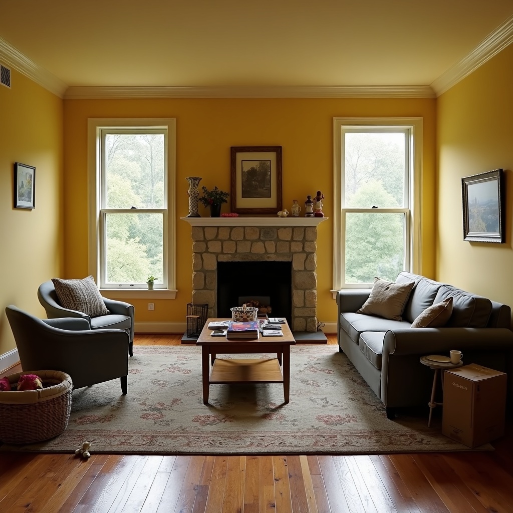 Living room as photographed, cluttered with dated yellow walls